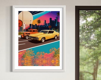 Sunset Boulevard Vintage Car Poster - Retro 70s Muscle Car Wall Art - Colorful Urban Road Trip Decor Fine art Print