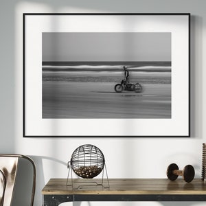 Fine Art Print - Vintage Motorcycle Racing Wall Art - Black and White Beach Photography Print for Wall Decor - Modern Retro Biker Wall Decor