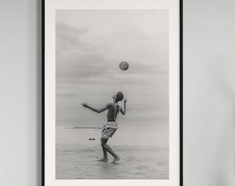 Fine Art Print - Coastal Black and White Soccer Wall Art - Home Decor Beach Football Photography, Sports Poster, Futball Gift, beach ball