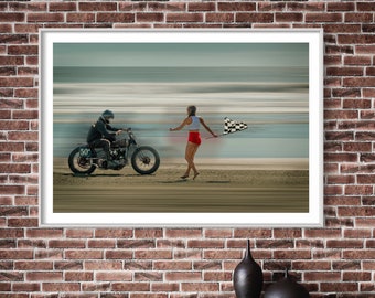 Vintage Motorcycle Drag Race on Wildwood Beach - Classic Flag Girl Print - TROG Wall Art Decor Poster