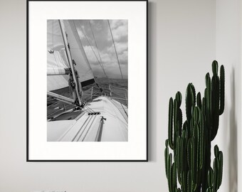 Sailboat Ocean Black White Fine Art Print – Minimalist Nautical Wall Decor