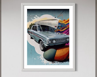 Vintage Ford Falcon Car Cruise Poster - Mid-Century Modern Auto Fine Art Print - Stylish Canoe Retro Car Wall Decor