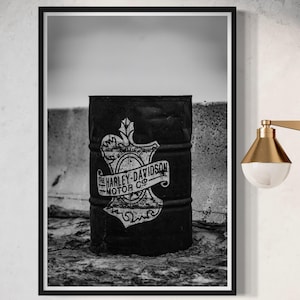 Fine Art Print - Harley Davidson Barrel Wall Art | Black & White Motorcycle Garage Decor | Photography Print for Biker Mancave Decor