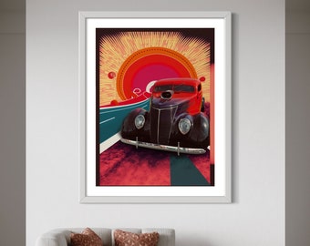 Sunset Boulevard Vintage Car Poster - Retro 70s Muscle Car Wall Art - Colorful Urban Road Trip Decor Fine art Print