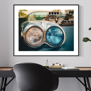 Chevrolet Corvette Wall Art - Classic Car Headlights Photography Print - Retro Blue Corvette Artwork for Garage, Office, or Living Room