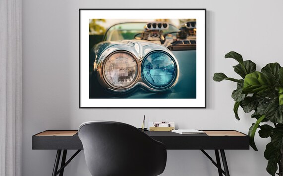 Chevrolet Corvette Wall Art - Classic Car Headlights Photography Print - Retro Blue Corvette Artwork for Garage, Office, or Living Room