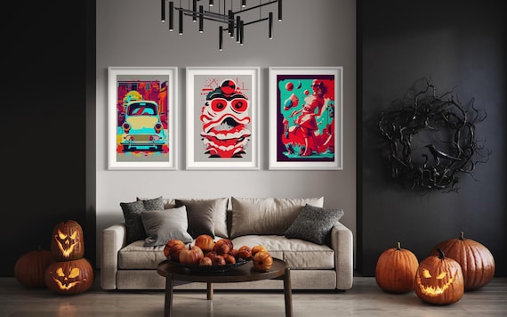 Set of 3 Fine ARt Prints - Music, Classic Cars, and Artistic Expression Print for Modern Minimalist Home Decor - Colorful Display Energy