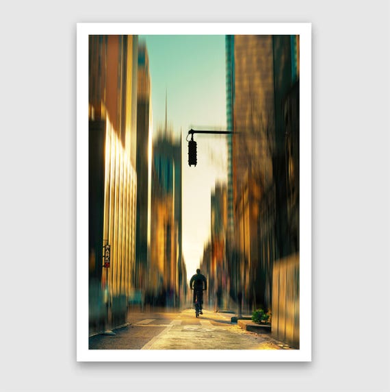 Fine Art print - Gold Sunset New York City street, bicycle cyclist Art, Modern urban decor, office gallery home, Cyclist Gift, Manhattan