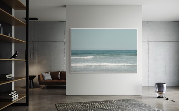 Fine Art Print - Neutral coastal ocean horizon photo, minimalist seafoam ocean waves wall art for serene home decor, calming beach decor