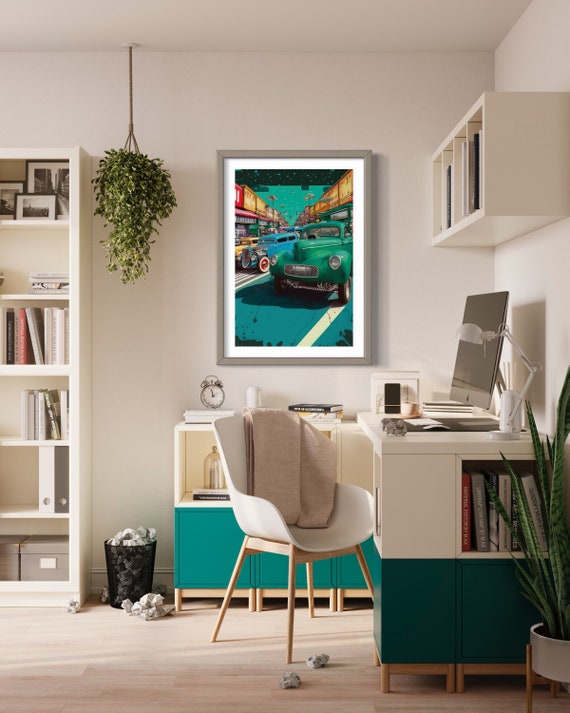 Vintage Pin-Up Aesthetic Poster : 1940s & 1950s Trucks from Deadman's Curve - Retro Blue Green Hues under Bright Sky
