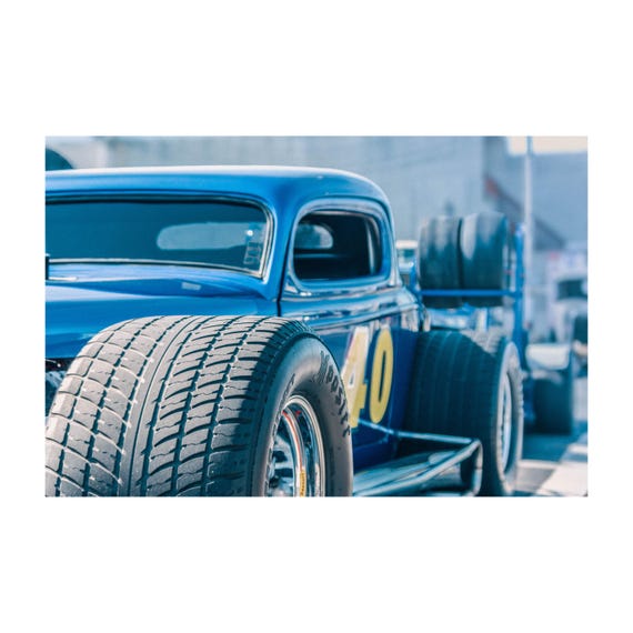 Fine Art Hoozier Wheels Hot Rod Photography Print – Blue Drag Racing Car Wall Art – Classic Muscle Car Garage Decor for man Cave, bar Poster
