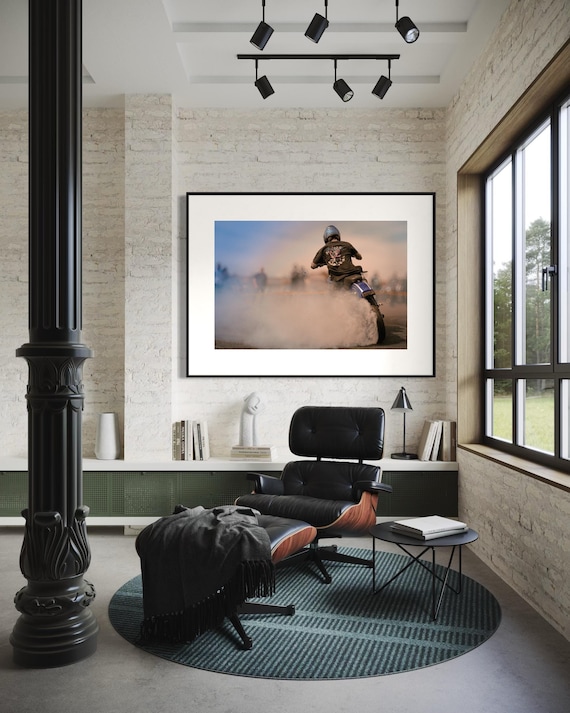 Motorcycle Burnout Wall Art – Vintage Racing Photography Print – Colorful Energy Mood Minimalist Abstract Motorcycle Art Print Poster