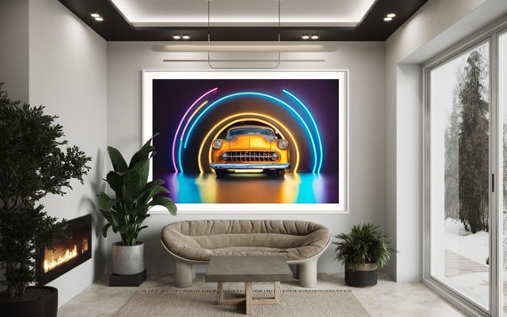Fine Art Print -  Neon Car Poster - Colorful Classic Car Print - Vintage Wall Decor for Modern Home, garage, basement, Office Spaces, gift