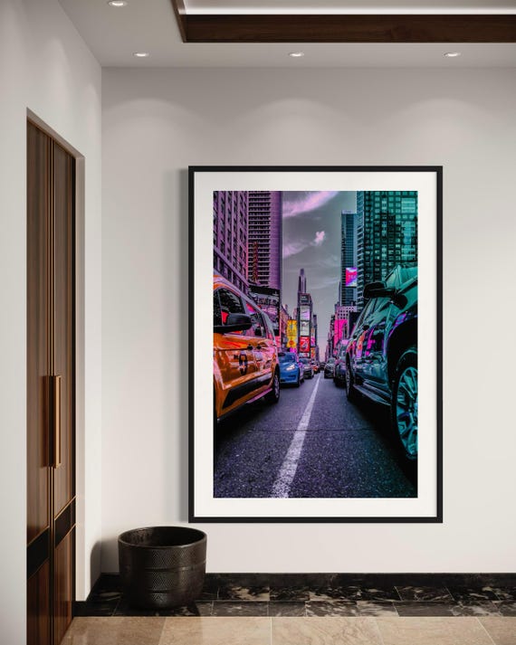 Fine Art Print - Times Square Neon City - New York City Wall Art Print, Yellow Taxi, Art Deco, housewarming gift, decor ideas, home decor