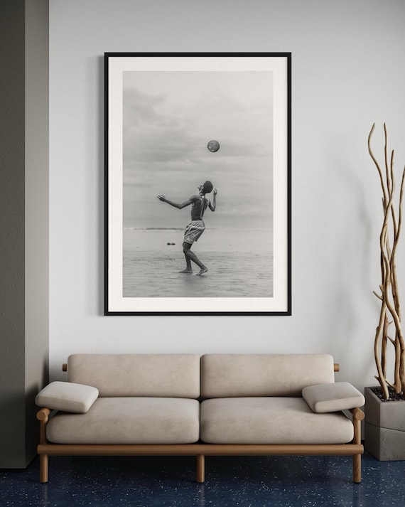 Fine Art Print - Coastal Black and White Soccer Wall Art - Home Decor Beach Football Photography, Sports Poster, Futball Gift, beach ball