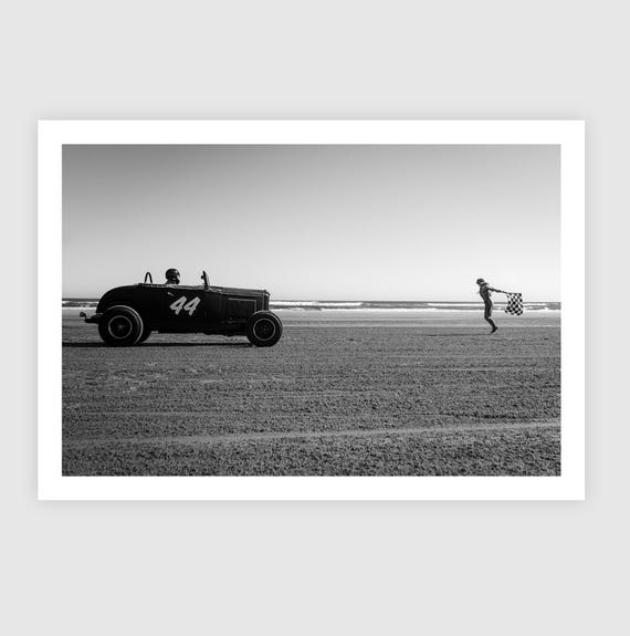 Fine Art Print - Vintage Hot Rod Beach Race with Flag Girl, Black and White Wall Art, Racing Decor for Men
