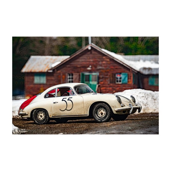 Fine Art Print - Vintage Porsche 356 by the Cabin, Digital Art Prints - Wall Art Car Poster, Snow, Ski Gift for Him - Poster Prints for Home