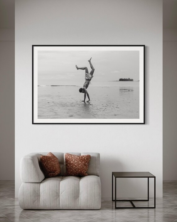 Fine Art Print - Handstand Acrobat on the Beach - Monochrome Coastal Wall Art - Football Soccer Beach Minimalist, Coastal Decor, Sports Gift