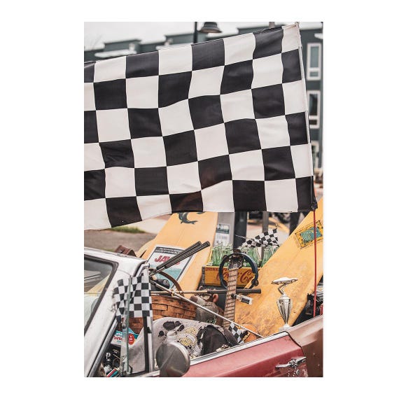 Fine art Print - Checkered Flag Surf Racing Wall Art, Vintage Car Electric guitar Rock n Roll, Surfboard, Garage Wall Art , Office Decor