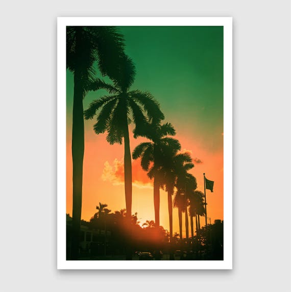Fine Art Print - Sunset Palms Wall Art- Miami, South Beach, California Tropical Sunset Photo,Golden hour, Beach House Coastal Modern Decor