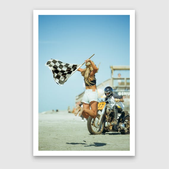 Fine Art Print - Vintage Motorcycle Race Start with Flag Girl and Race Flag, TROG, Pin up, race of gentlemen, beach race, Americana Decor