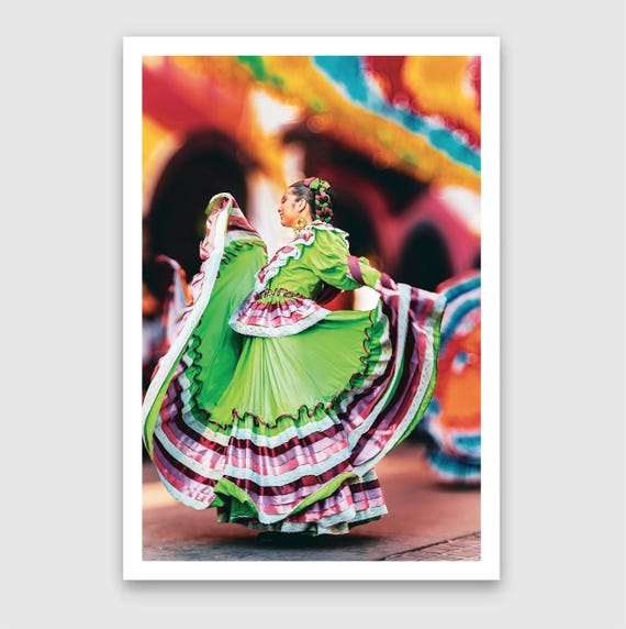 Fine Art Print - THE MEXICAN DANCER - Mexico Folkloric Mariachi Dance, Traditional Green Dress, Colorful Cultural Wall Decor, Home Decor
