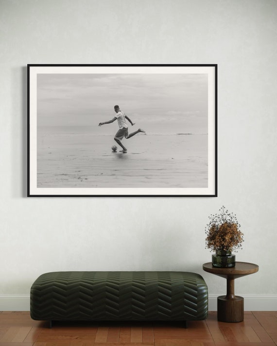 Fine Art  Black and White Soccer Art Print - Monochrome Beach Football in Monochrome - Soccer Sports Photography Print Modern Photo Print
