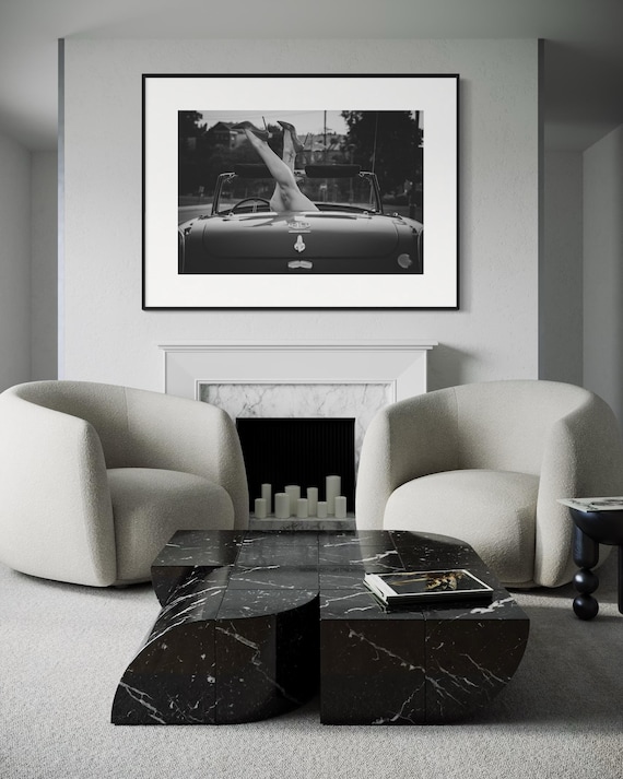 Fine Art Print - Elegant High Heels in Classic MG Convertible Print, Retro Car Photography, MGB MG Midget Black and White Wall Art  Poster
