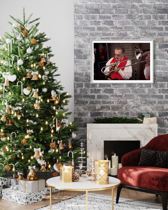 Christmas Trumpet Living Room Wall Art - Personalized Close-Up Holiday Harmony in Red & Gold Art Work Wall Decor - Music Instrument Wall Art