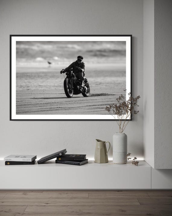 Fine Art Print - Vintage Motorcycle Beach Ride – Black and White Wall Decor, Retro Biker Photography, Gift for Him, Motorcycle Lovers