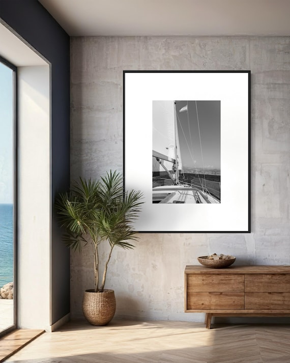 Sailboat Ocean Black and White Wall Art -  Minimalist Nautical Original Print for Coastal Decor - Genuine Artwork - Modern Monochrome