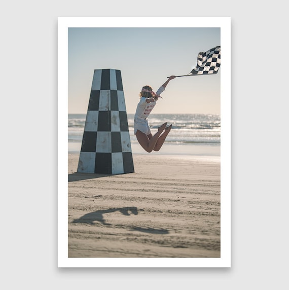 Fine Art Print - Vintage Beach Racing, TROG Flag Girl Jump, Americana Wall Art, Retro Motorsport Photo, Pin Up, Garage Decor