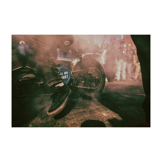 Smokin’ Burnout Close-Up Motorcycle Photo Print - Street Art Style for Urban Wall Art Decor Poster. Brooklyn Street takeover - Indian Larry
