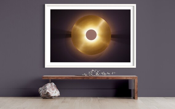Golden Grooves: Vintage Gold Disc Record with Warm Backlight - Modern Mood Wall Accent Photo Print Art Poster