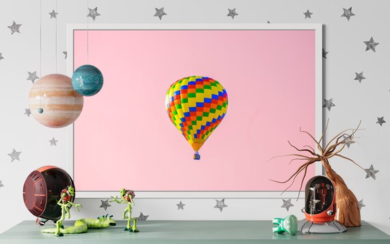 Fine Art Print - Colorful Hot Air Balloon Wall Art Print on Pink Sky, Surreal Travel Photography for Nursery, Modern Decor, Creative Offices
