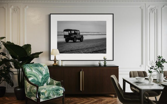 Vintage Land Rover on Beach Print Wall Art - Black and White Coastal Offroad Photography Print Art for Wall Decor - Rustic Home Decor