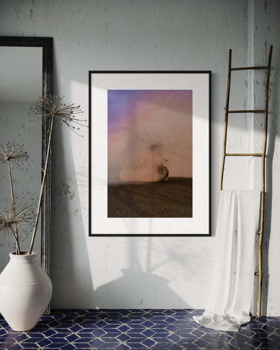 Fine Art Print - Dusty Dreamscape Motorcycle Stunt Biker Burnout – Colorful Energy Mood Minimalist Abstract, Biker Gift Ideas, garage decor