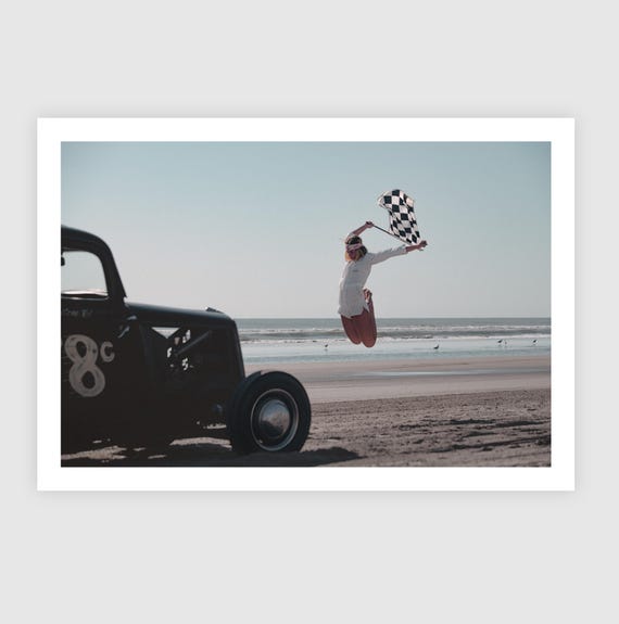 Fine Art Print - Vintage Hot Rod race on Beach Race Girl with Checkered Flag, garage poster, gift, TROG