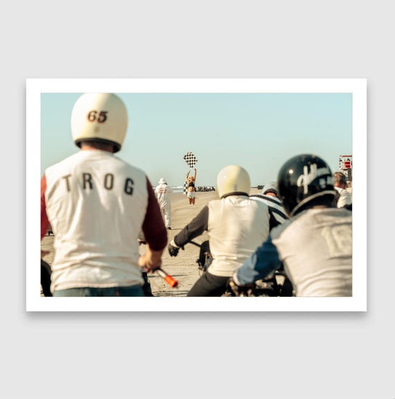 Fine Art Print - Vintage Motorcycle Beach Race Photo – TROG Bikers Lined Up with Flag Girl, Retro Coastal Racing Wall Decor