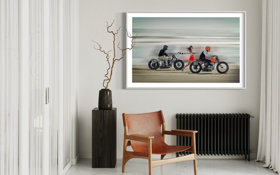 Fine Art Print - Retro Beach Duel: Indian, Harley Davidson - Motorcycle Drag Race at TROG - Print, Biker Wall Art, Speed Photo Poster Decor