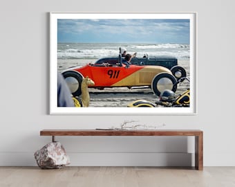 1920s Hot Rod Beach Drag Race Art Print: Red & Gold Art Deco