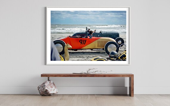 Fine Art  1920s Hot Rod Beach Drag Race: Art Deco – Red Gold Color Coastal Beach Decor
