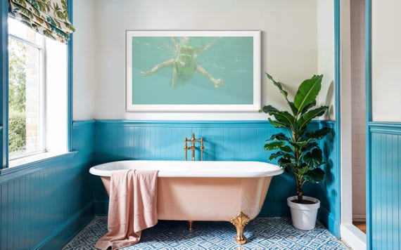 Floating Snorkeler Print – Funny Underwater Poster | Tropical Bathroom Decor, Beach House Wall Art, Housewarming Gift