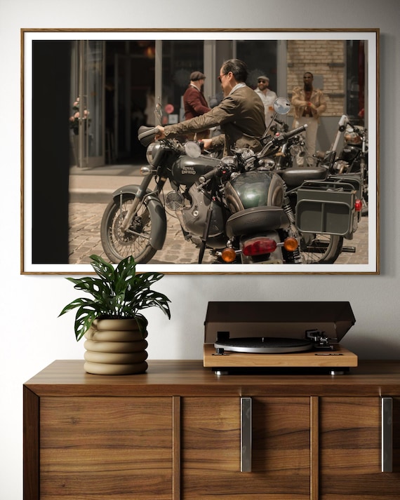Fine Art Print - Royal Enfield x Triumph Motorcycle Bar Scene | Cafe Racer Wall Art | New York City Bar Decor by Gil Stunner,  gift for him
