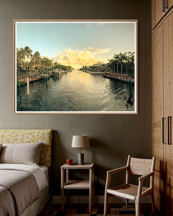 Fine Art Print - Golden hour tropical canal wall art, palm tree waterfront poster, coastal home decor, nautica, beach front, Florida Keys