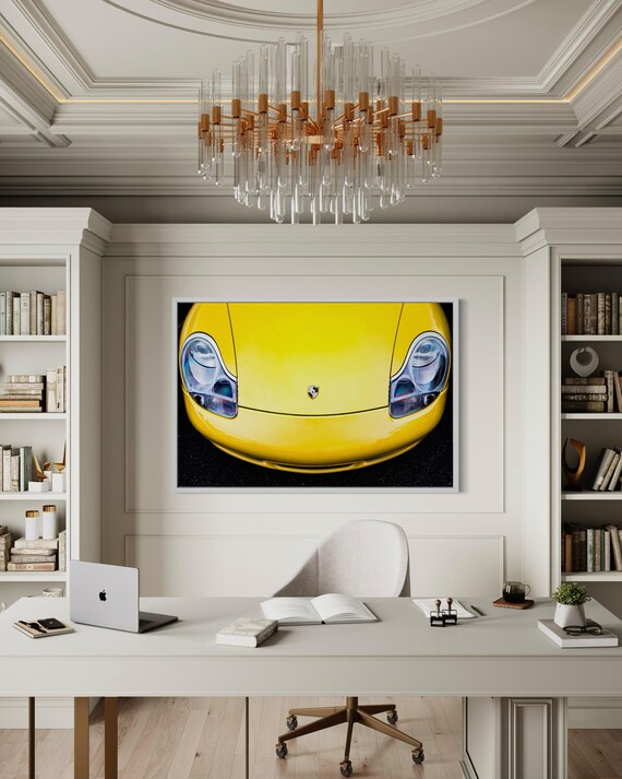 Yellow Porsche 911 Front-End Wall Art – Vintage Car Photography Print – Classic Sports Car Decor | Art Deco Decor | Modern Color Decor