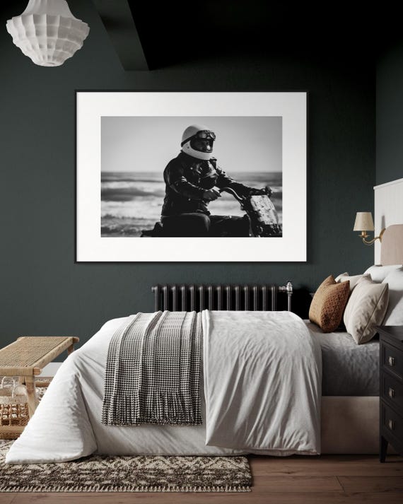 Fine Art Print - Coastal Black White Motorcycle Racer by the Beach Wall Art, Harley Davidson,  Vintage Decor for Biker Garage or Man Cave