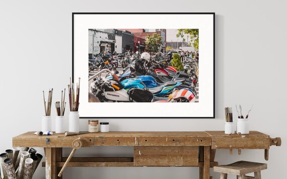 Fine Art Print - Colorful Motorcycle Meetup  in Brooklyn, Urban Color Photo, Bike Culture Wall Art, garage, man cave, office decor gift,