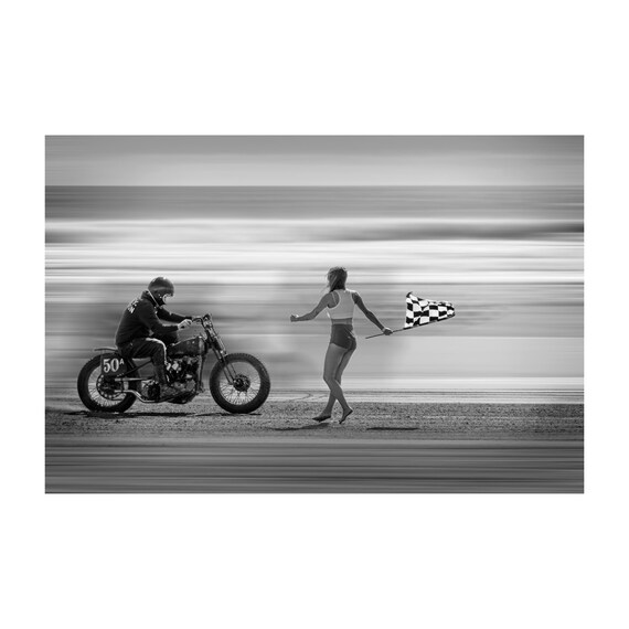 Fine Art Print - Monochrome Vintage Motorcycle Drag Race on Wildwood Beach - Classic Flag Girl Print - Wall Art Decor Poster Black White