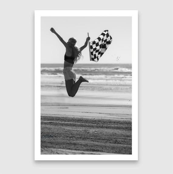 Fine Art Print - Flag Girl Jumping with checkered flag – Black and White Vintage Beach Racing Photography Wall Decor - TROG - Pin Up